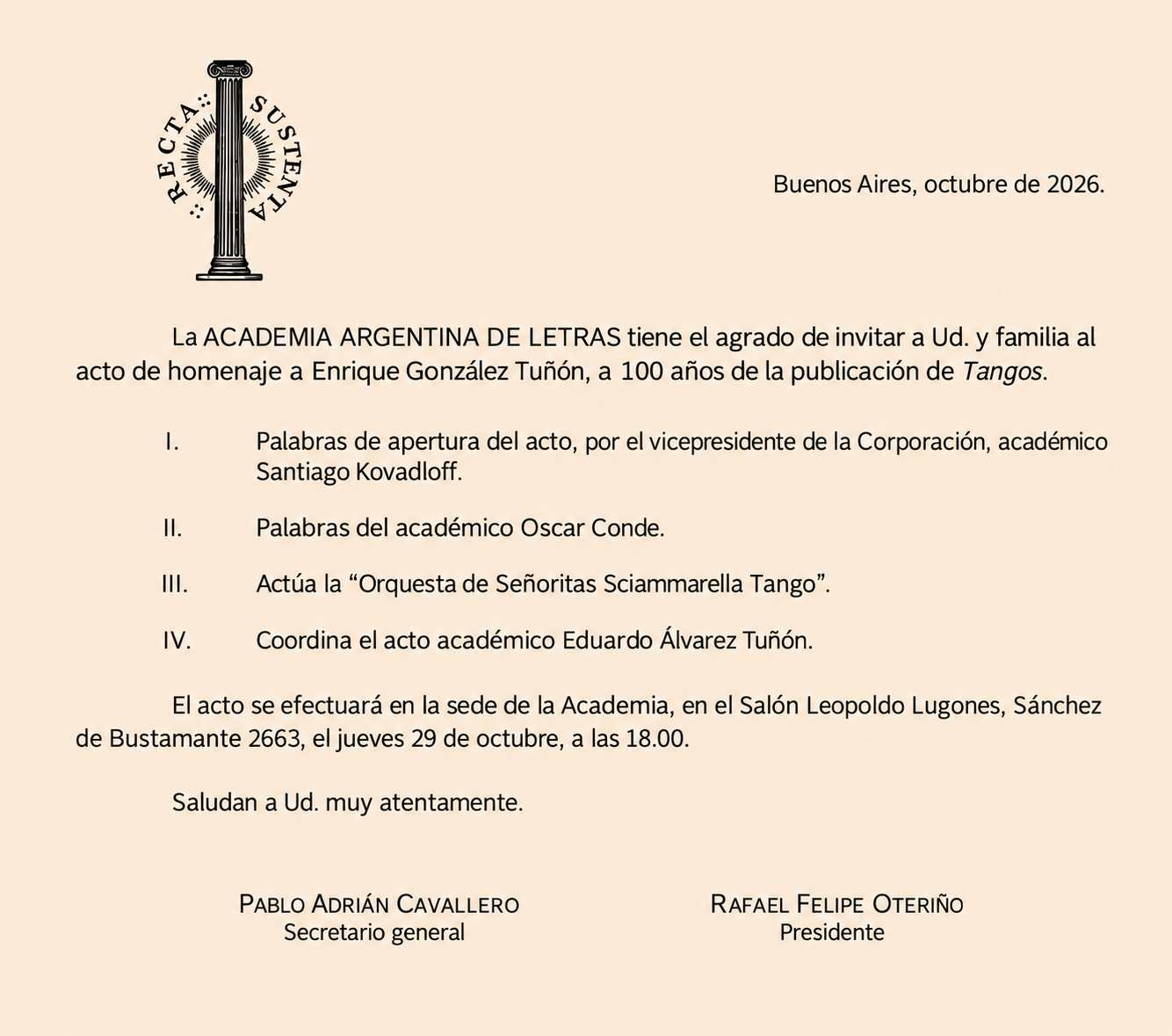 Invitación al acto de homenaje a Enrique González Tuñón